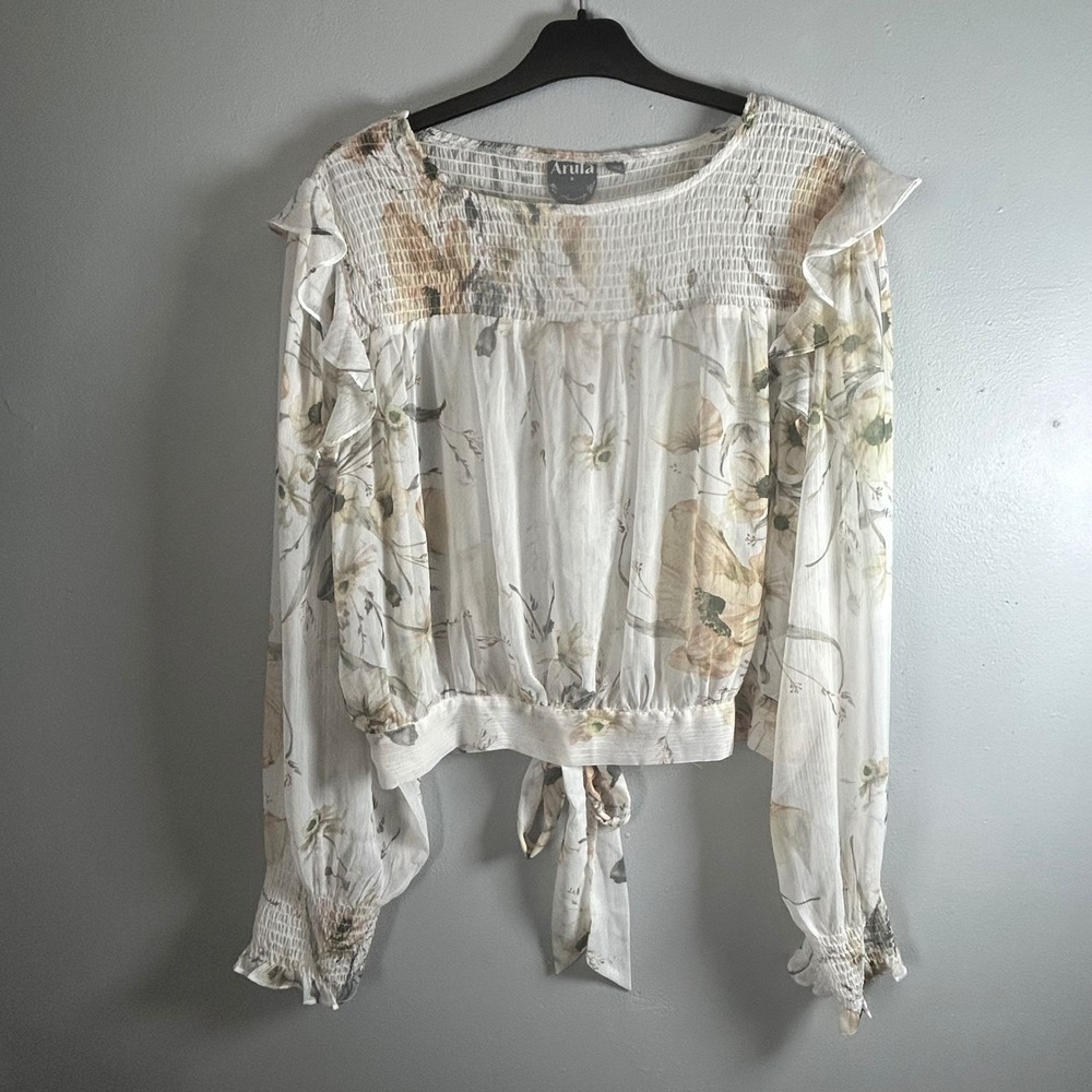 Arula Women Floral Chiffon Smocked Ruffle Tie Back Blouse White ET1028A-P Size A